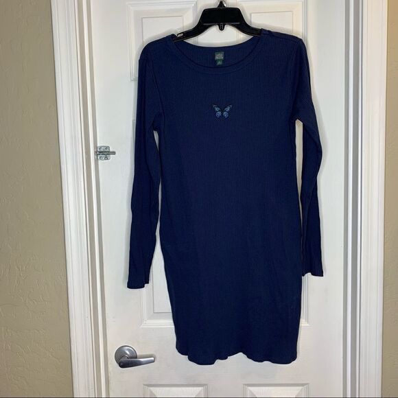Wild Fable Blue Ribbed Long Sleeve Butterfly Bodycon Dress, Size Extra Large - Picture 3 of 11